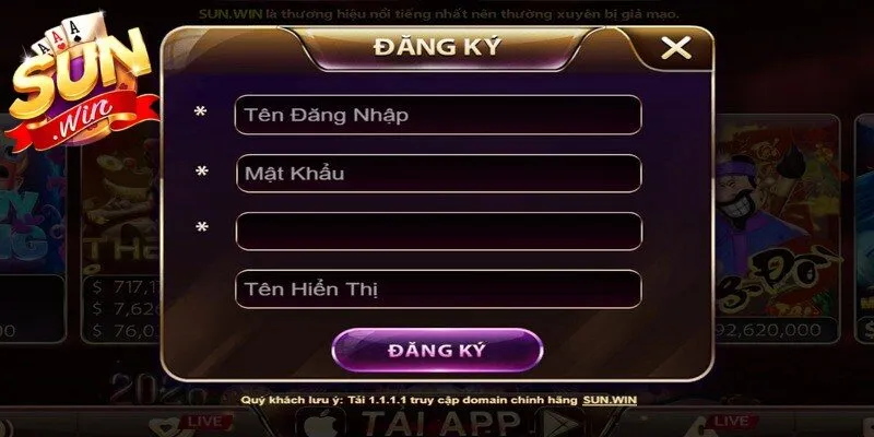 Chỉ với vài thao tác anh em đã sở hữu ngay tài khoản tại Sunwin